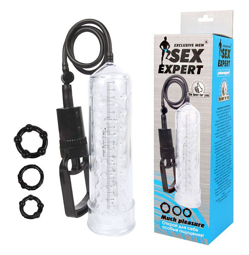 Прозрачная вакуумная помпа для увеличения фаллоса с 3 эрекционными кольцами Bior toys SEM-55120
