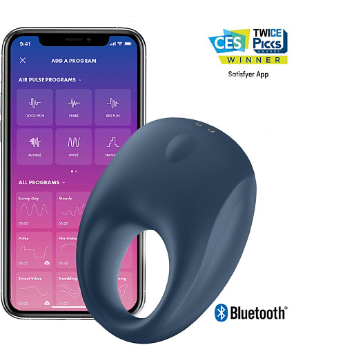 Тёмно-синее эрекционное кольцо с возможностью управления через приложение Satisfyer Strong One J2008-18