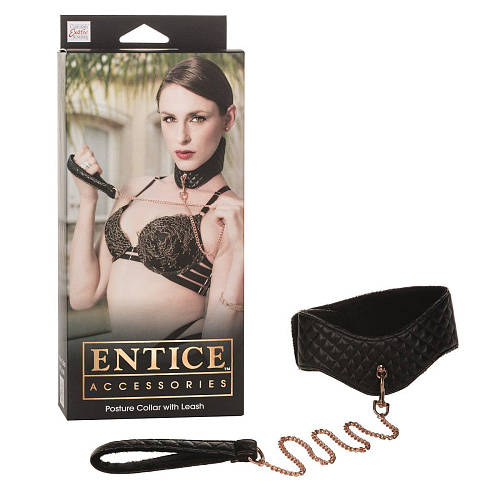 Чёрный ошейник с поводком California Exotic Novelties Entice Posture Collar with Leash SE-2720-70-3