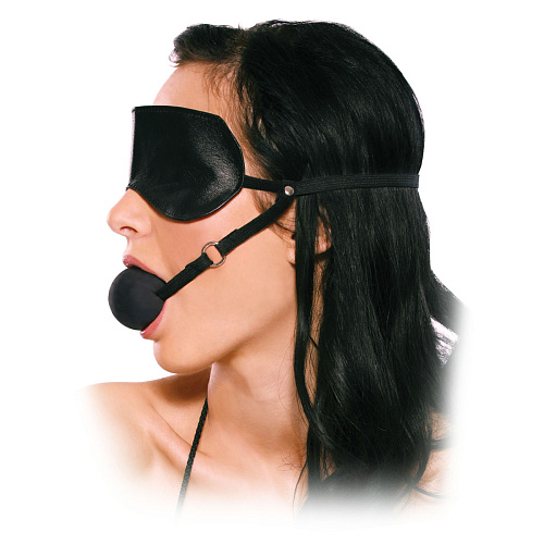 Чёрный кляп-шарик на регулируемых ремешках в комплекте с маской на глаза Pipedream PD3932-00