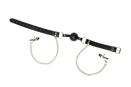 Чёрный кляп-шар с зажимами для сосков Lola toys Gratitude 1149-01lola