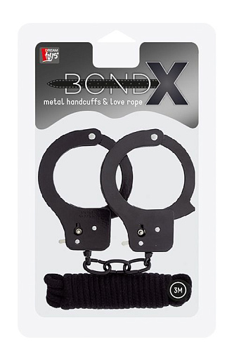 Чёрные наручники из листового металла в комплекте с верёвкой Dream Toys BONDX METAL CUFFS LOVE ROPE SET 20870