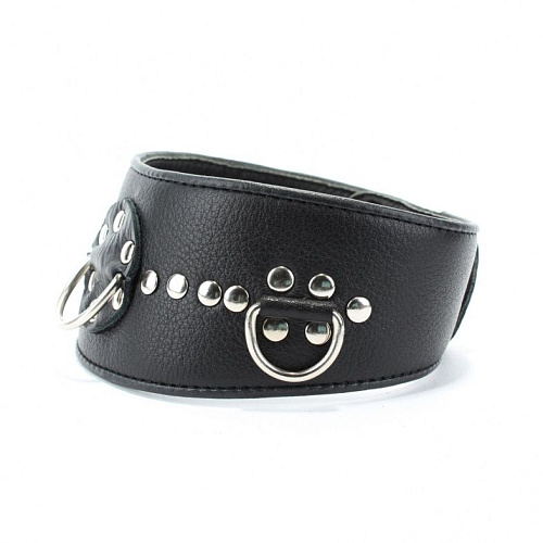 Чёрный кожаный ошейник с полукольцами и клёпками БДСМ арсенал 55022