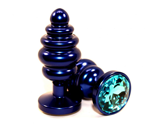 Синяя ребристая пробка с голубым стразом 4sexdreaM 47428-1 (7,3 см)