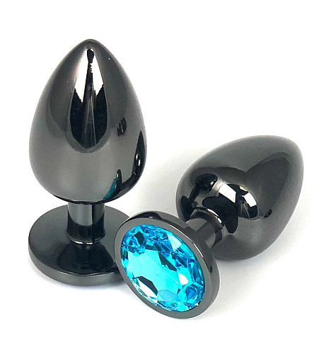 Чёрная металлическая анальная пробка с голубым стразом Vandersex 400-VBLM (7,5 см)