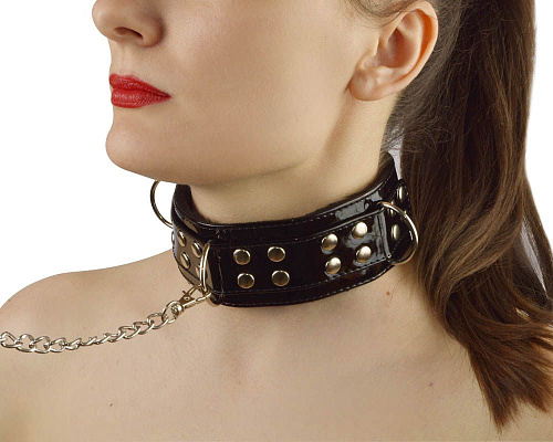 Чёрный лаковый ошейник с заклепками и цепочкой Sitabella 5024-10