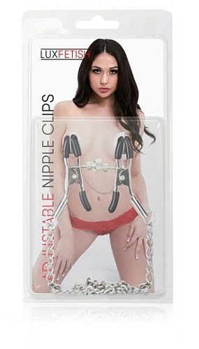 Серебристые регулируемые клипсы для сосков с цепочкой Lux Fetish LF5204