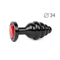 Коническая ребристая чёрная анальная втулка с красным кристаллом Anal Jewelry Plug ABCK-16-M (8 см)