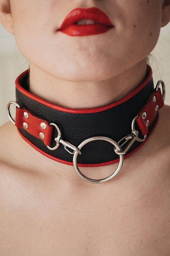 Чёрно-красный кожаный ошейник с кольцом БДСМ арсенал 55031