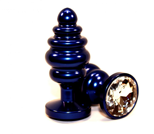 Синяя рифлёная пробка с прозрачным кристаллом 4sexdreaM 47428-4 (7,3 см)