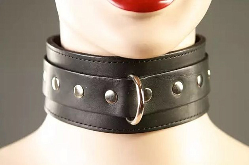 Кожаный ошейник чёрного цвета с кольцом для поводка Подиум Р282