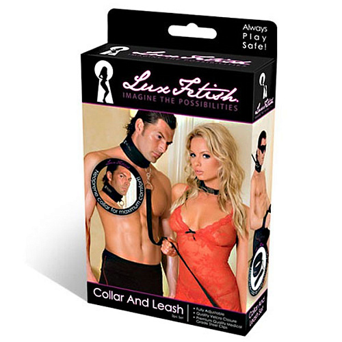 Чёрный мужской ошейник с длинным поводком Lux Fetish LF1330
