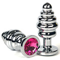 Серебристая ребристая анальная пробка с розовым кристаллом Vandersex 185-RPL (8 см)