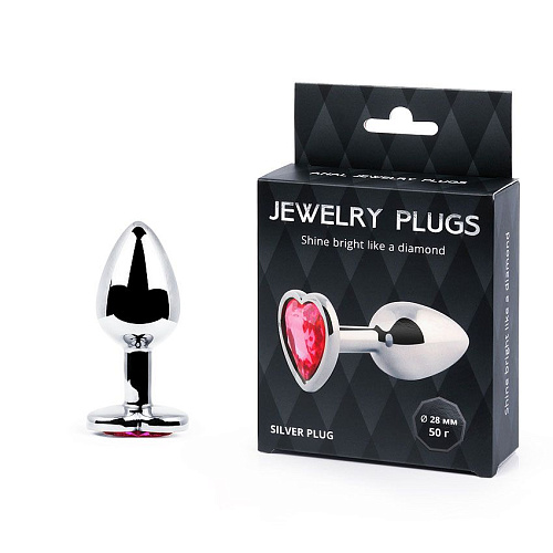 Серебристая анальная пробка с розовым кристаллом-сердечком Anal Jewelry Plug SCH-02 (7 см)