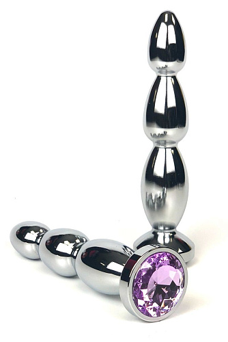 Серебристая удлиненная анальная пробка-ёлочка с сиреневым кристаллом Vandersex 159-MAS4 (12 см)
