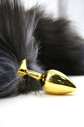 Золотистая алюминиевая анальная пробка с чёрно-белым хвостом из натурального меха Kanikule KL-AL001SRG6