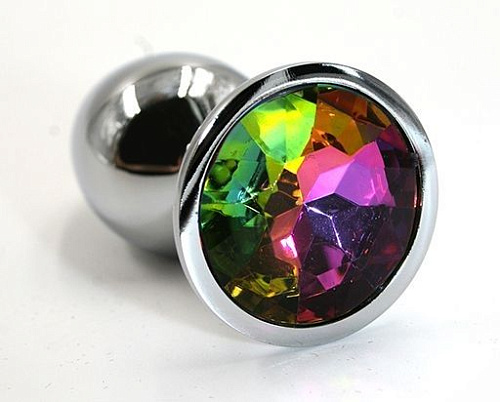 Серебристая алюминиевая анальная пробка с радужным кристаллом Kanikule KL-AL008S (6 см)