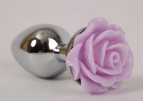 Серебристая анальная пробка с сиреневой розочкой 4sexdreaM 47184-1 (8 см)