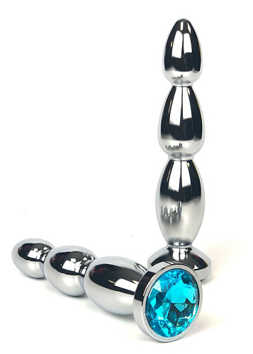 Серебристая удлиненная анальная пробка-ёлочка с голубым кристаллом Vandersex 159-MAS14 (13 см)