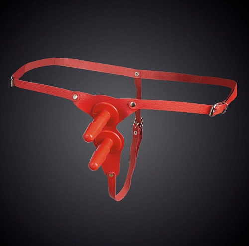 Красные кожаные универсальные трусики с двумя штырьками для насадок Sitabella 3156-2