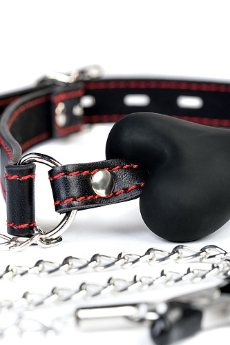 Чёрный кляп-трензель в виде косточки с зажимами для сосков ToyFa Theatre 708026