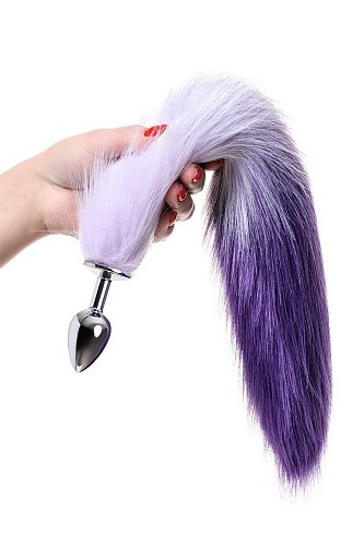 Серебристая металлическая анальная втулка с фиолетово-белым хвостом ToyFa 712027-S (размер S)