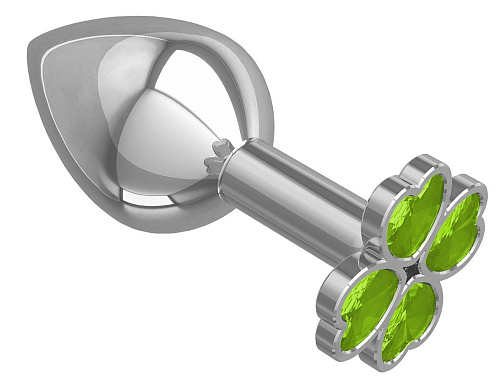 Средняя серебристая анальная втулка с клевером из лаймовых кристаллов Сумерки богов 529-12 lime-DD (8,5 см)