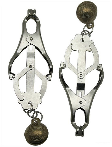 Серебристые зажимы для сосков со звенящими шариками Eroticon P3236M