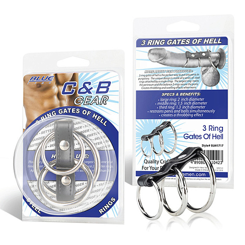 Хомут на пенис из трех серебристых колец и чёрным ремешком BlueLine 3 RING GATES OF HELL BLM1717