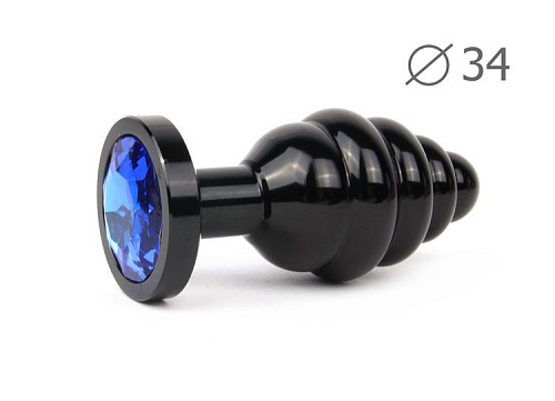 Коническая ребристая чёрная анальная втулка с синим кристаллом Anal Jewelry Plug ABCK-13-M (8 см)