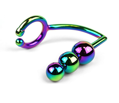 Радужное эрекционное кольцо с анальной ёлочкой House of steel Rainbow Horse Shoe Cock Ring with Trio of Anal Balls CB844