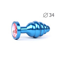 Коническая ребристая синяя анальная втулка с розовым кристаллом Anal Jewelry Plug ABL-02-M (8 см)