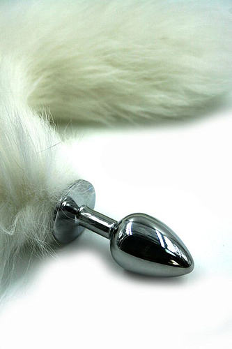 Серебристая алюминиевая анальная пробка с белым хвостом из натурального меха Kanikule KL-AL001SR5