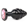 Чёрная ребристая анальная втулка с розовым кристаллом Anal Jewelry Plug ABCK-02-S (7,1 см)