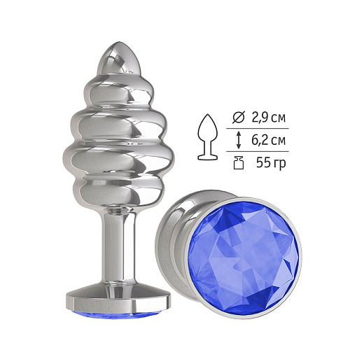 Серебристая пробка с рёбрышками и синим кристаллом Сумерки богов 515-07 blue-DD (7 см)