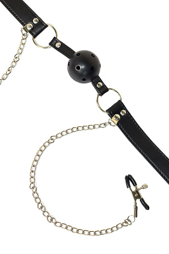 Чёрный кляп-шар с зажимами для сосков Lola toys Gratitude 1149-01lola