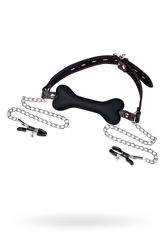 Чёрный кляп-трензель в виде косточки с зажимами для сосков ToyFa Theatre 708026