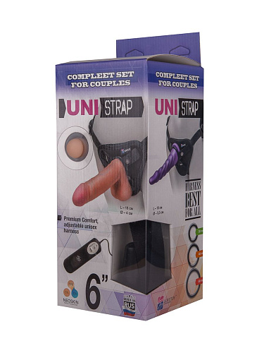 Чёрно-телесный вибрострапон с двумя насадками LOVETOY (А-Полимер) UniStrap-18 531413 (18 см)