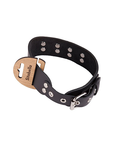 Чёрный кожаный ошейник с кольцом и клепками Sitabella 3195-1