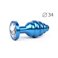 Коническая ребристая синяя анальная втулка с прозрачным кристаллом Anal Jewelry Plug ABL-01-M (8 см)