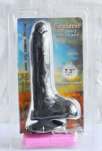 Чёрный вибромассажёр-реалистик с мошонкой на присоске с выносным пультом Sextoy 2011 00388 (21 см)