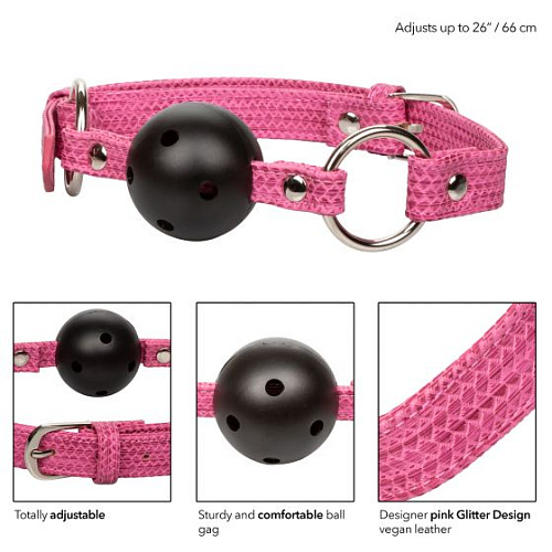 Чёрный кляп-шарик на розовых ремешках California Exotic Novelties Tickle Me Pink Ball Gag SE-2730-15-2
