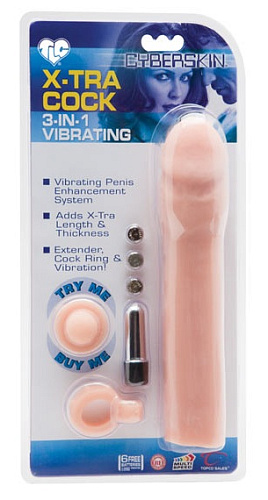 Набор для плотских утех в телесном цвете: насадка-удлинитель, вибропуля и эрекционное кольцо Topco Sales CyberSkin- 3-in-1 Vibrating X-tra Cock  10060