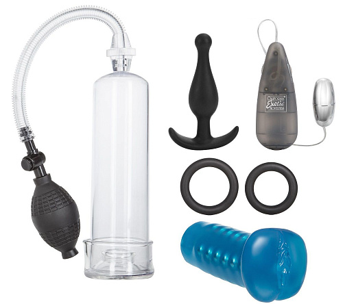 Мужской набор для любовных игр: вакуумная помпа, мастурбатор, эрекционные кольца, анальная пробка и вибропуля California Exotic Novelties HIS ULTIMATE