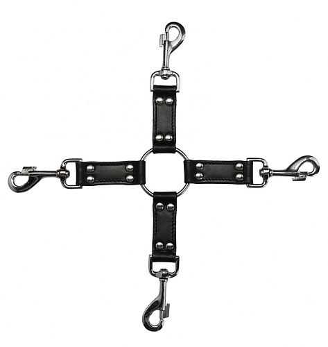 Чёрный крестообразный фиксатор Shots Media BV 4-way Leather Hogtie Cross Hogtie PAI001BLK