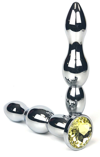 Серебристая металлическая анальная пробка-ёлочка с жёлтым кристаллом Vandersex 159-MA6 (12 см)