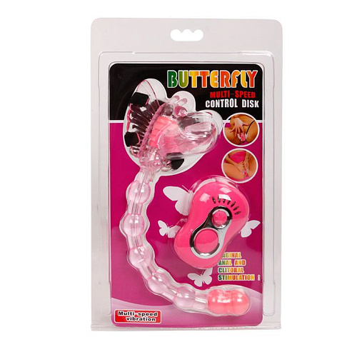 Бабочка для клитора розового цвета с анальным массажёром 3-в-1 Baile BI-035011-0101