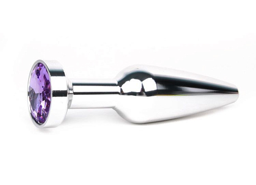 Удлиненная коническая гладкая серебристая анальная втулка с сиреневым кристаллом Anal Jewelry Plug XSLV-15 (11,3 см)