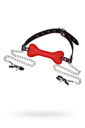 Красный кляп-трензель в виде косточки с зажимами для сосков ToyFa Theatre 708027