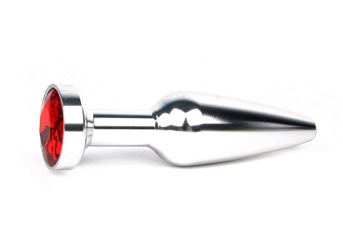 Удлиненная коническая гладкая серебристая анальная втулка с красным кристаллом Anal Jewelry Plug XSLV-16 (11,3 см)